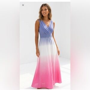 OLSEN Europe Sleeveless Maxi Length Cotton Ombre in blue/white/pink SIZE 10